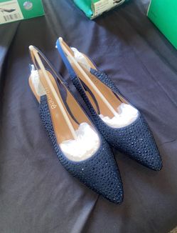 Navy Blue Rhinestone Slingback Pointed-Toe Flats