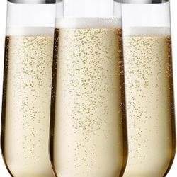 48 Pcak Champagne Flutes Plastic, 9 Oz Disposable Stemless Mimosa Gold Rim Toasting Glasses, Clear Crystal Plastic Cocktail Cups for Party Wedding Bir