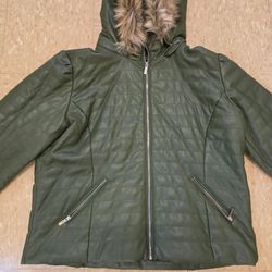 Ashley Stewart Faux Leather Hooded Puffer Coat Olive Green NWT Plus Size 22/24
