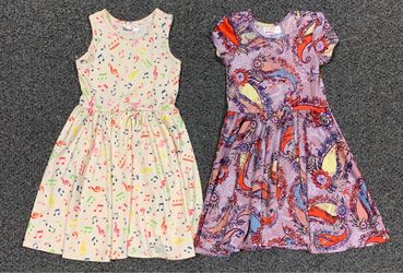 Two girls size 3/4 Lularoe style polyester musical notes and purple paisley summer dresses
