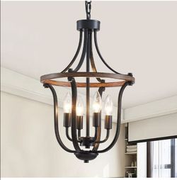 4305: Brand New 12.6" Modern Farmhouse Chandelier 4 Light with Black Wood Grain Finish Geometric Cage Pendant Lighting Fixture for Kitchen Island Dini