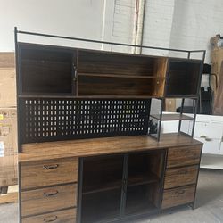 Large Kitchen Hutch Pantry Cabinet, Storage Kitchen Pantry in Metal Frame, Storage Cupboard with Metal Mesh Door, 6 Drawer & Microwave Shelf, for Kitc
