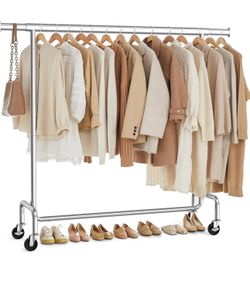 Clothes Rack with Wheels, Heavy-Duty, Extendable Hanging Rod Garment Rack, 286.6 lb Load Capacity, Steel, Chrome-Plated, Silver, PATAYE Collection UHS