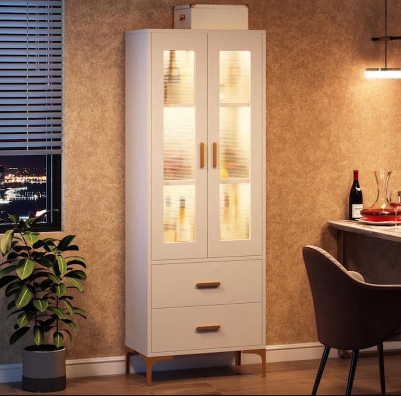 LED-Lit White & Gold Bookcase – 3-Shelf Display Cabinet with Drawers & Doors