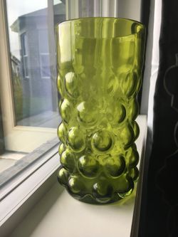 1960’s Blenko Bubble Glass Hand Blown Glass Vase designed by Wayne Husted Avocado Green/Retro Green