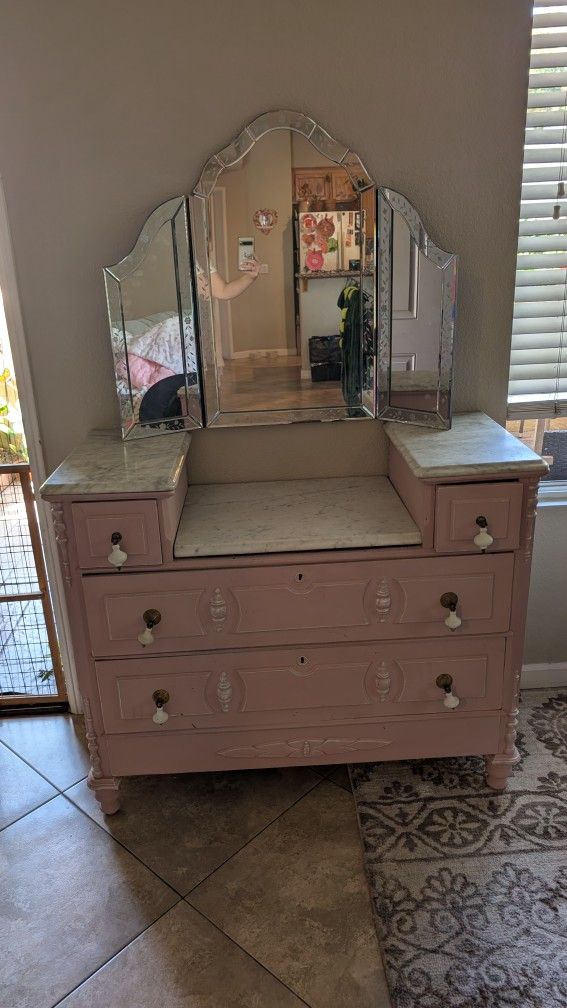 Restored Wood Dresser With Trifold Mirror And Marble Top
