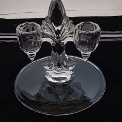 VINTAGE Art Deco Fleur De Lis crystal glass double candle holder $3 FIRM