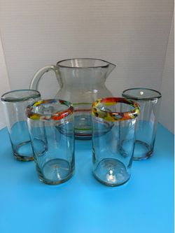 Mexican Blown Glass Pitcher and 4 Glasses Set - Rainbow Confetti Rim