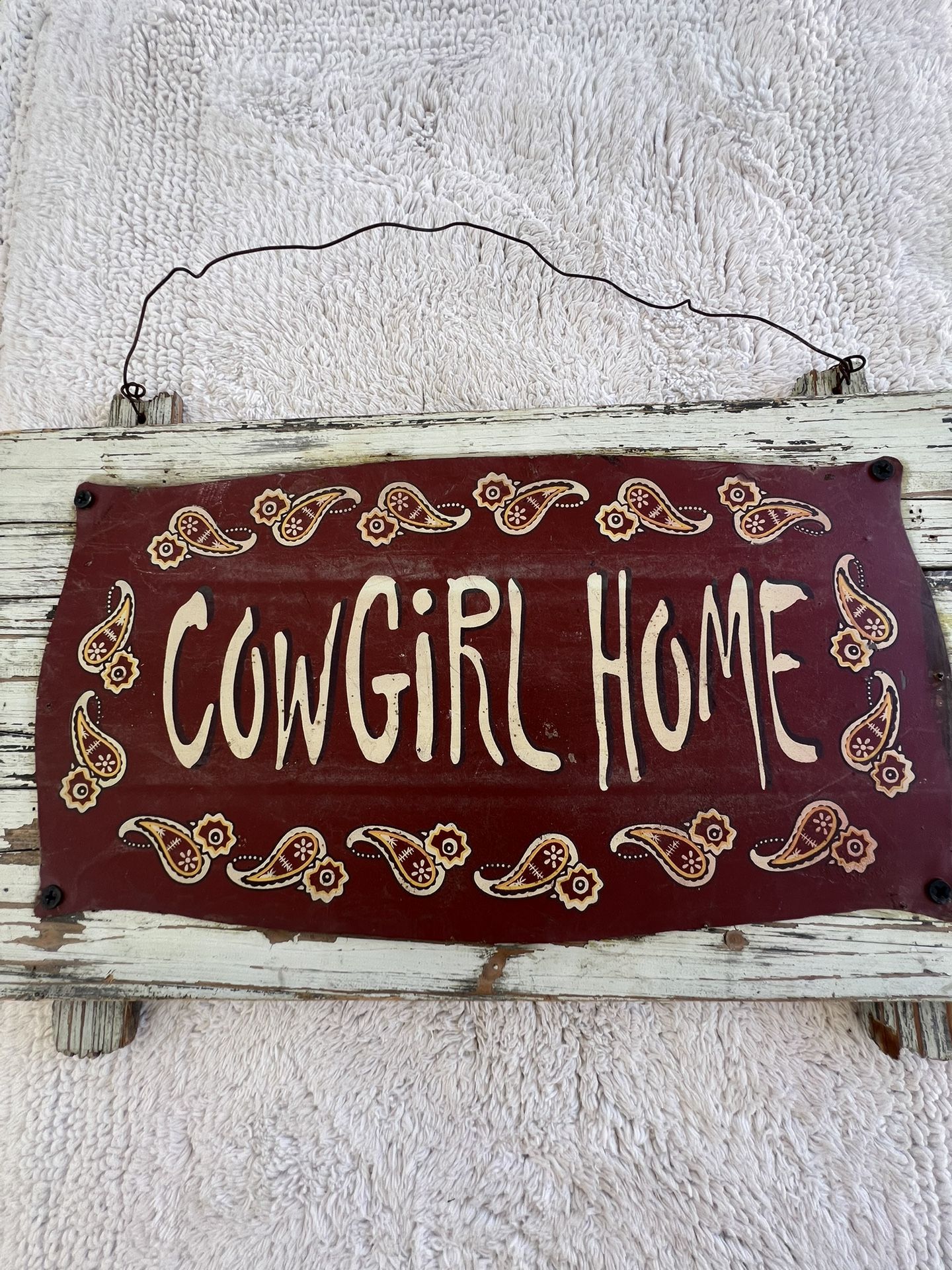VTG Style Hand made Rustic Sign made of Wood and Tin “ Cowgirl Home” 17x11”