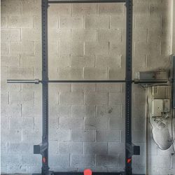 Rogue SML-3 Squat Rack Tru Grit Barbell X Training Curl Bar For Weights Bumper Plates

This Squat Rack is 108 inch tall. Great for taller individuals 