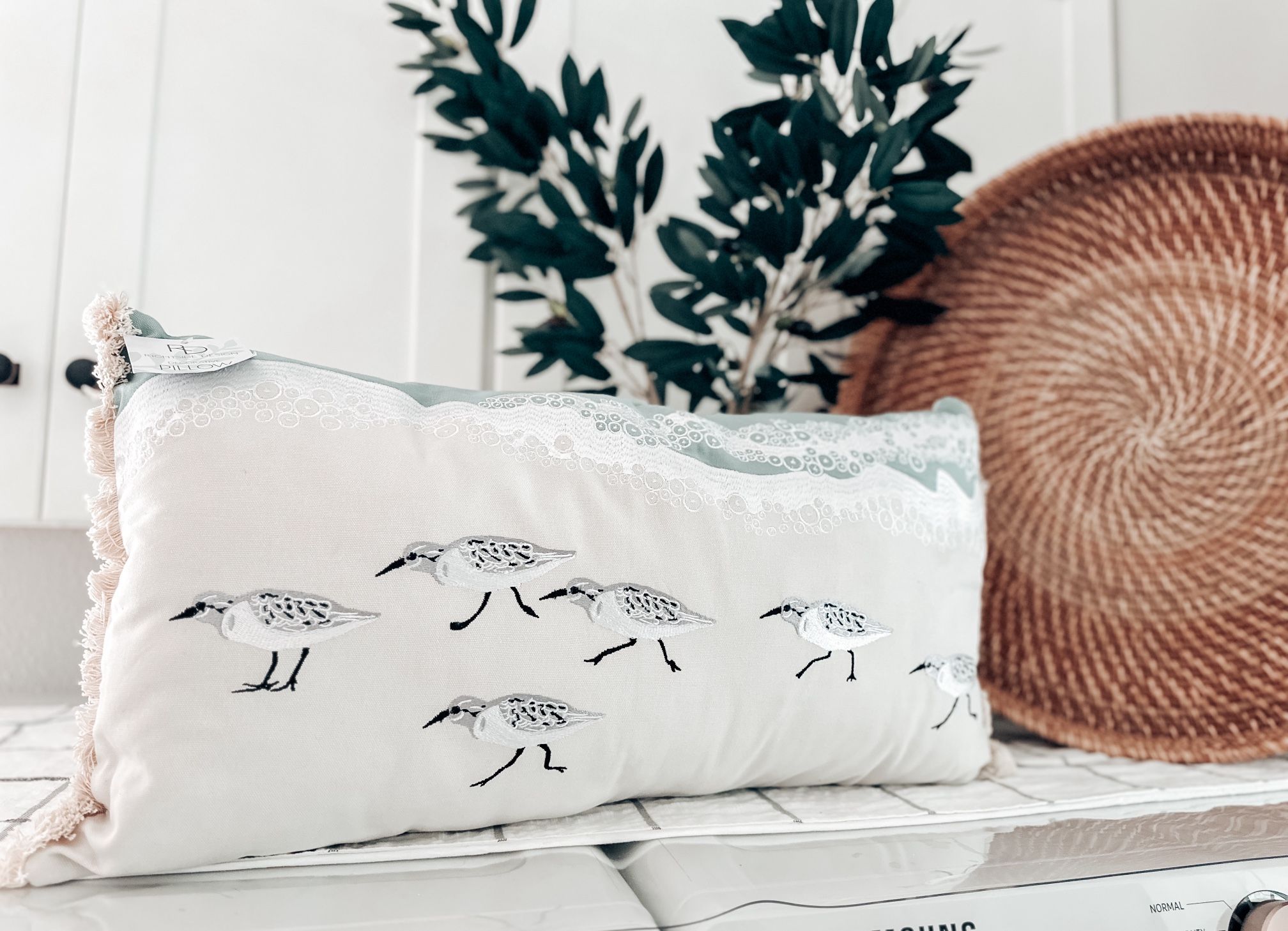 Whispers in the Foam Beach Sandpipers Embroidered Lumbar Pillow coastal decor