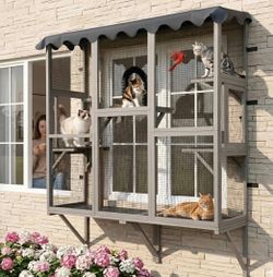 59” x 70.9” Large Outdoor Wall-Mounted Catio Cat Enclosure with Platforms & Scratcher