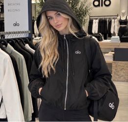 Alo Black Zip-Up Hooded Windbreaker Jacket