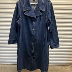 Vintage Blue J Denim Jacket Trench Coat Long Women's XL Blue Medium Wash