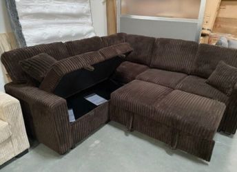 4-pc sectional sofa with pull-out bed & storage  chocolate fur-like corduroy