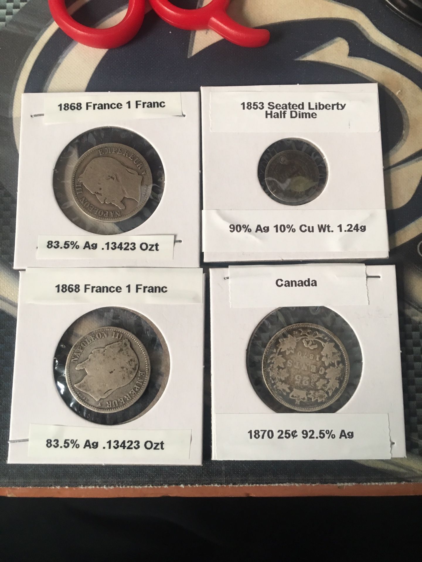 Mid 1800s Silver Coin Kit-2 1886 French francs-1853 half Dime-1870 Canadian quarter