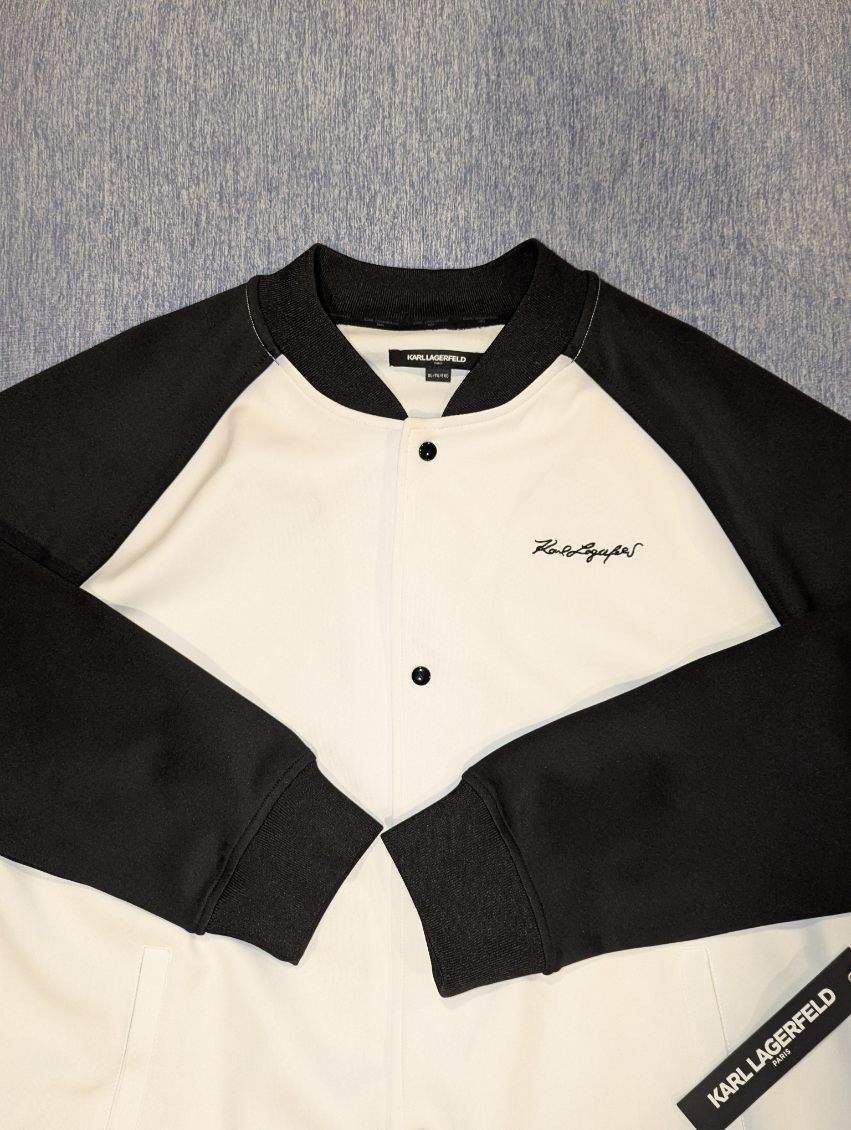 New Karl Lagerfeld Casual Snap Bomber Jacket Letterman Very Soft Black White, XL