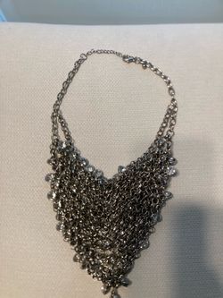 Silver Chain Mesh Bib Necklace with Crystal Accents