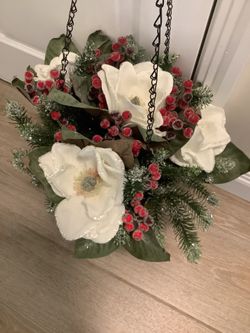 Hanging planter with beautiful faux magnolias