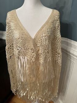 Shawl vintage “ Mantón” beige silk crochet strands handmade  60” 