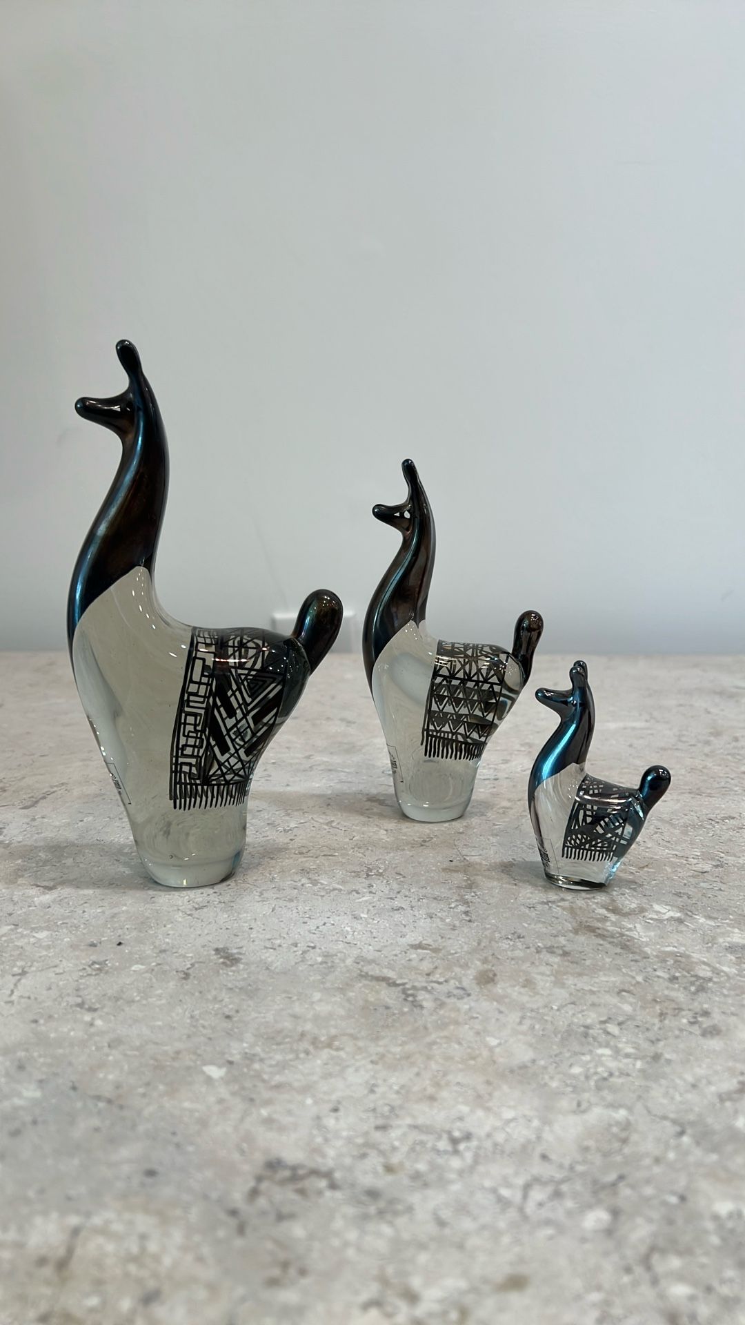 Vintage Peruvian Glass Llama Figurines w/ Silver Overlay (Set of 3)