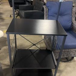 Engineered Wood and Steel Microwave Cabinet in Black - 4-Tier Storage Shelf with Accessory Hooks - Multipurpose Storage Unit for Kitchen, Living Room 