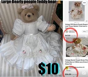 $10 Vintage Large Bearly People Brown Plush Teddy Bear w/ White Lace & Cotton Dress move legs & arms