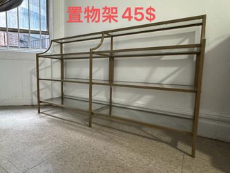 Gold Metal and Glass Shelving Unit
