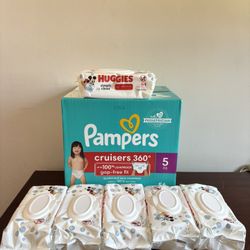 Pampers Diapers, Size 5 And Huggies Wipes  6 Packs