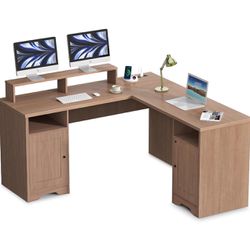 Wooden L Shaped Desk with Storage, Executive Computer Desk 60 Inch, L Shape Wood Computer Desks with Power Outlet, 2 Person Wood L Shape Desk with Dra