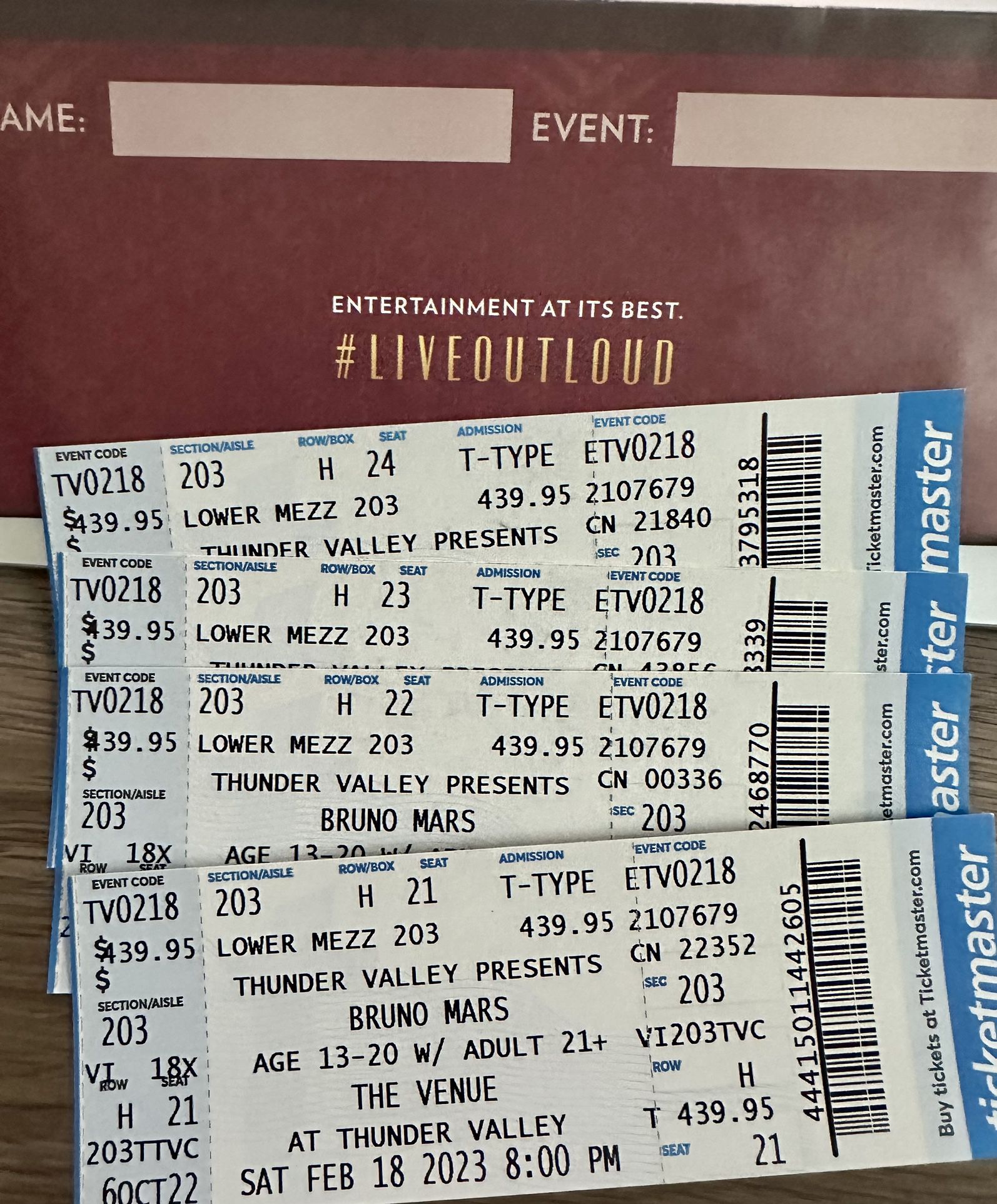 SOLD OUT Bruno Mars Feb 18th Thunder Valley The Venue $550 EACH 