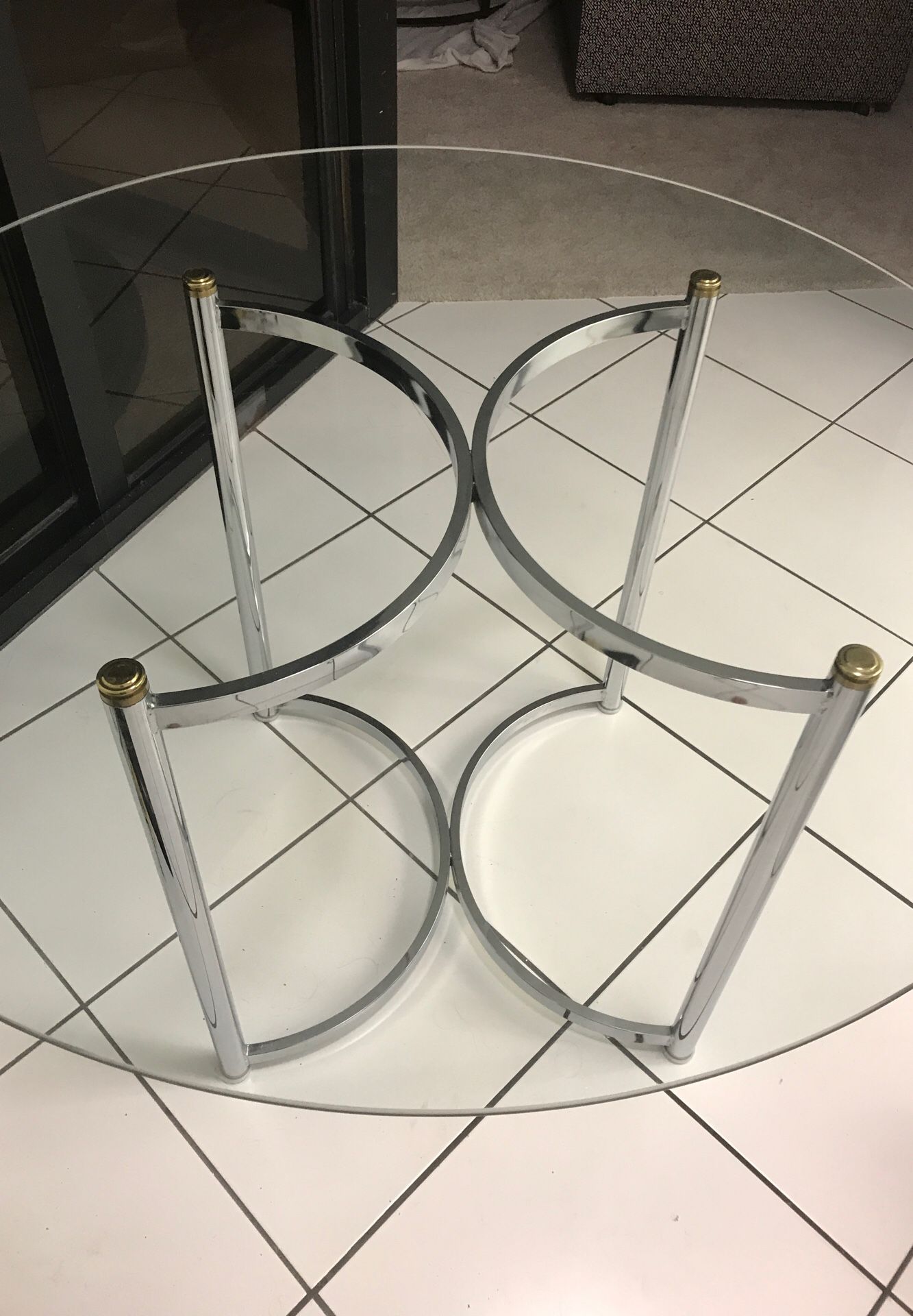 42” Round Glass Top Dining Table -Base with Chrome Legs and gold accents ( Horseshoe Pattern ) 27” High