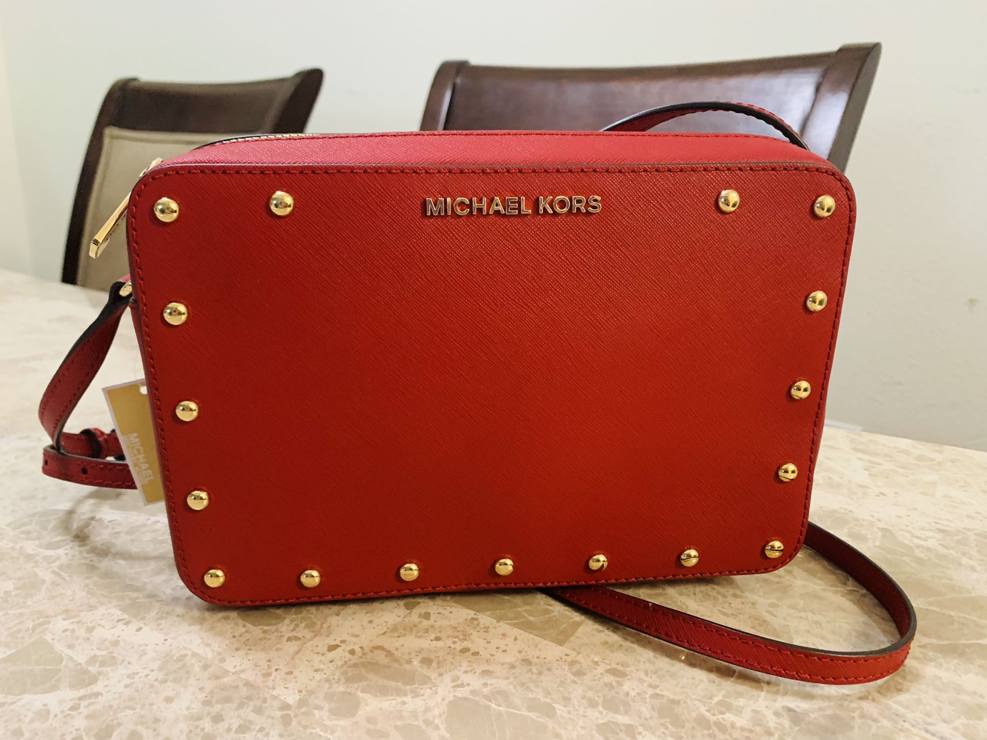 Michael Kors Sandrine Stud Crossbody Bag Scarlet Red Saffiano