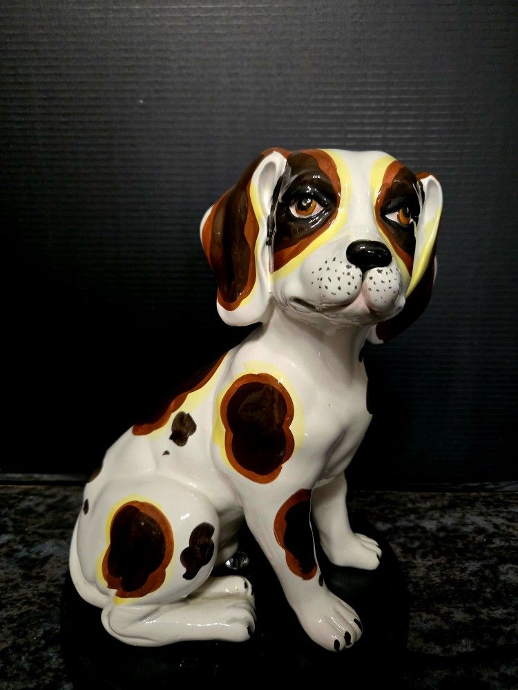 Mid Century Modern Handpainted Italian Pottery Glazed 12" Lifelike Beagle Puppy Statue