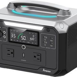 AMPACE Andes 600 Pro Portable Power Station, 584 Wh LiFePO4 Hybrid Battery, [1 hour 80%] Fast Charge, 600 W SiCPrime Solar Generator (Andes 600 Pro)