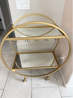 Gold Bar Cart with Glass Shelves & Wine Glass Rack