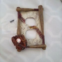 Base Ball Wall Decor For Boys Room With Light Switch Cover,Wall Plug Cover And Two Hooks For Coat Or Whatever 