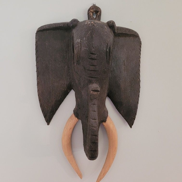 Elephant Head Wall Hanging Hand Carved Wood Vintage 14.5"