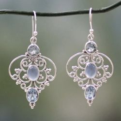 Retro Silver Dangle Earrings for Women – Hollow Flower Design with Water-Like Gemstones,