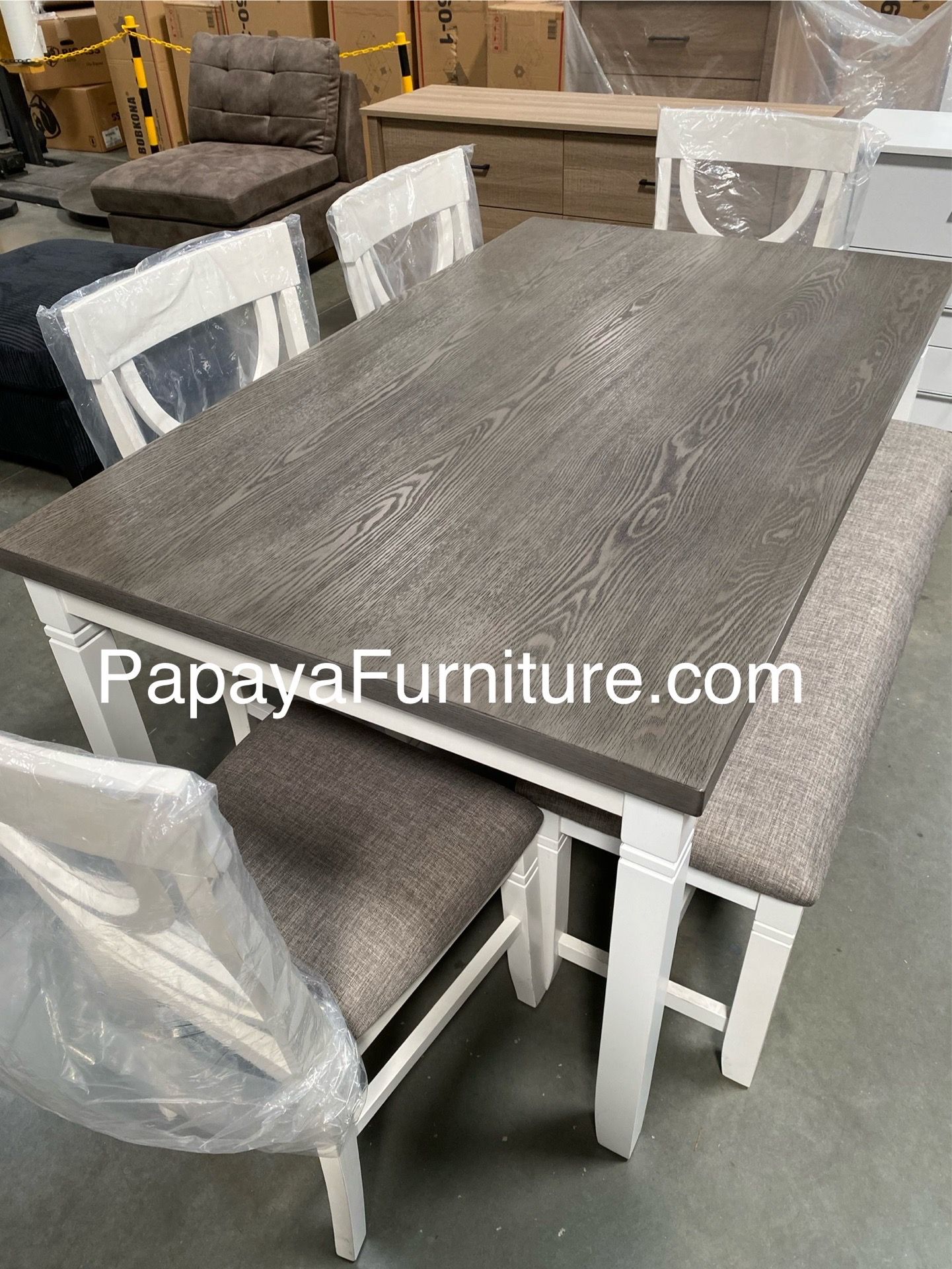 New! 6pcs White Rustic Dining Set, Dinette Set, Kitchen Table And Chairs, Table, Chairs, Bench, Casual Dining Set, Rectangular Dining Table, Dining Ro