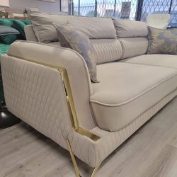 Stylish and Elegant Velvet Sofa Loveseat, Living Room Set, Babyface Upholstery  Cream