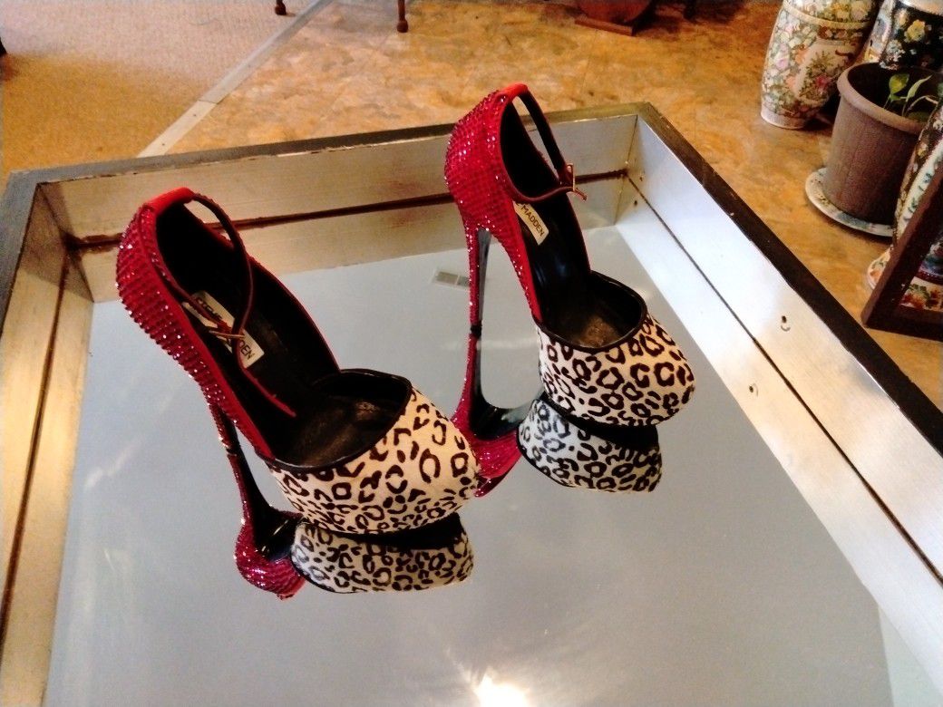 Beautiful Steve Madden Brands Stiletto Heels With Leopard Print And Red Sequin Stiletto Heels Size 8 And 1/2