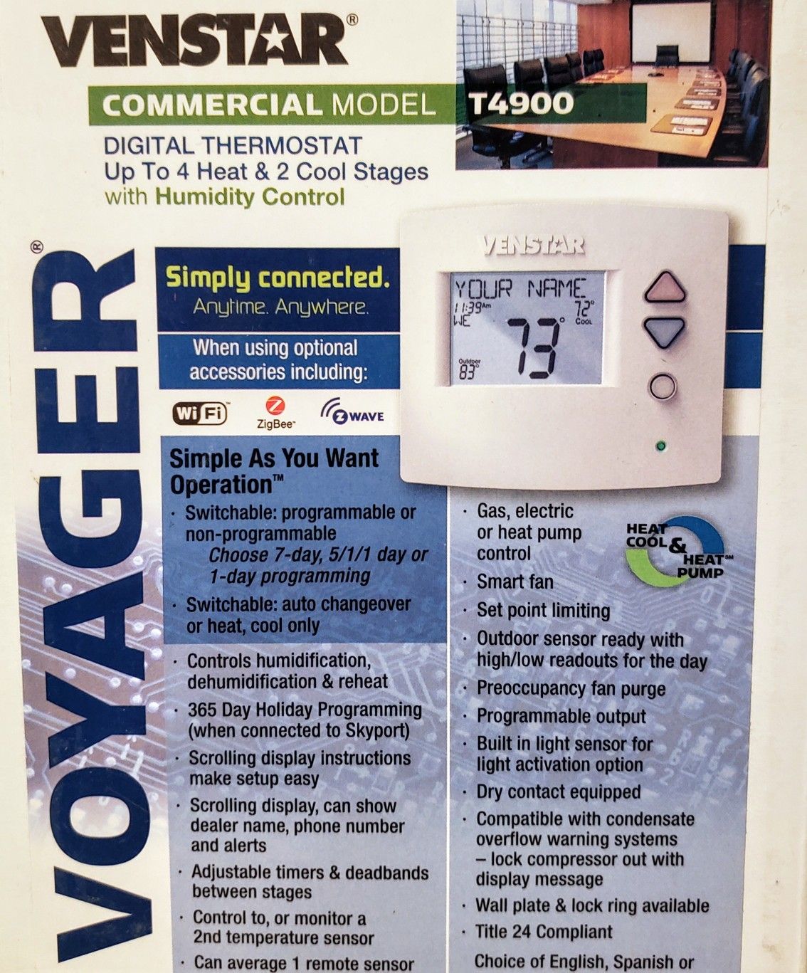 Venstar Voyager T4900 commercial digital thermostat Alexa & Wi-Fi ready