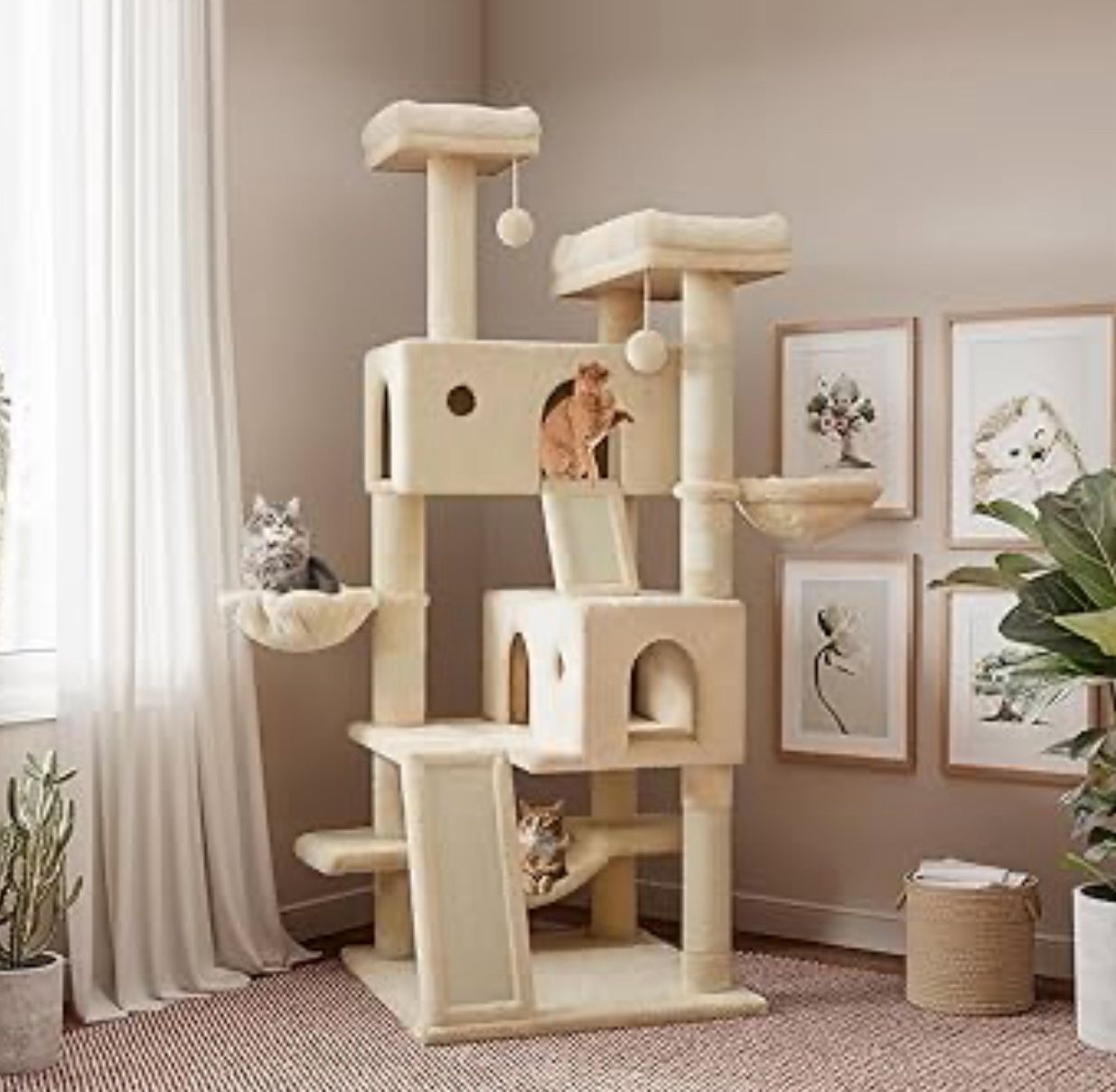 SHA CERLIN 65in Larger Cat Tree Tower Condo for Indoor Kitties/Multi-Level Furniture Activity Center with Wide Base/Cozy Plush Cat Perches/Baskets/Sis