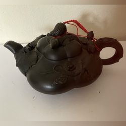 Chinese Old Yixing Zisha Clay Hand-Carved Squirrel Teapot 6.5”
