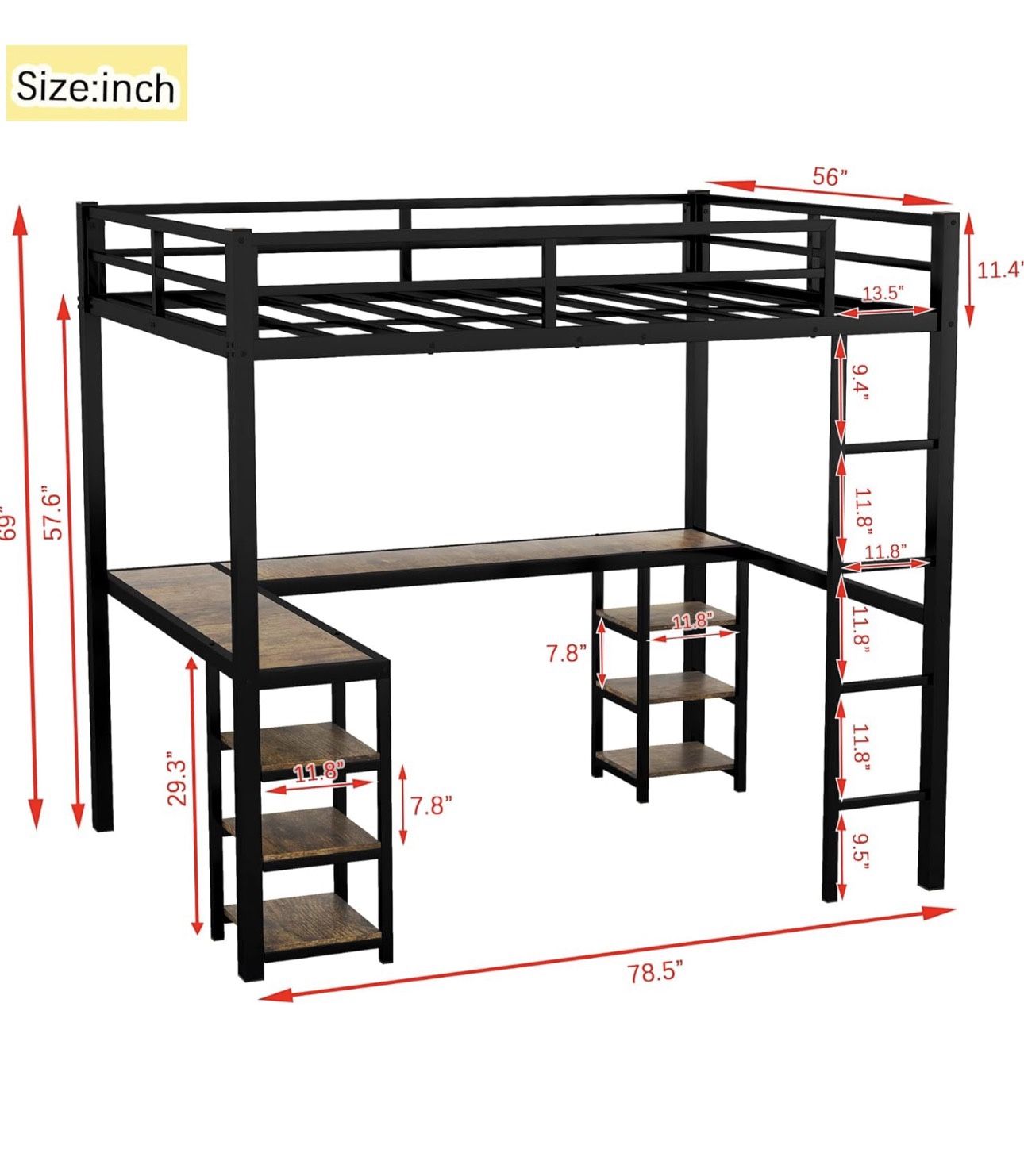 Full Size Loft Bed Frame with L Shaped Desk