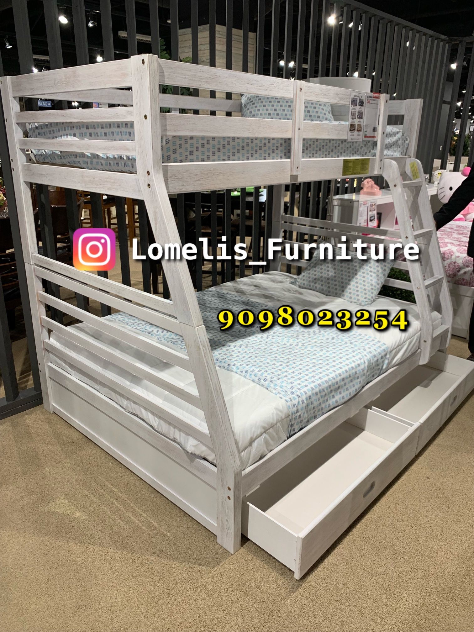 Twin/Full Brush White Bunk bed w. Drawers & Orthopedic Mattresses Included 
