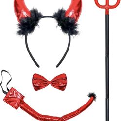KEPATO 4 Pack Devil Costume Set Halloween Red Devil Pitchfork Horn Headband Tail Bowtie Demon Cosplay Accessories for Party Prop Costume