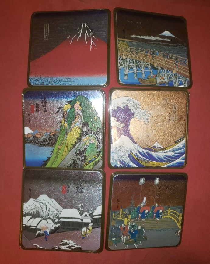 Vintage Set Of 6 Japanese Landscape Coasters