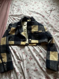 Blue & White Cropped Plaid Wool Blend Jacket